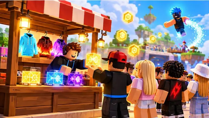 Blocky avatar selling glowing items and hoodies at a floating market stall to other avatars