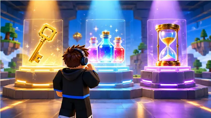 Blocky avatar comparing three glowing pedestals holding a golden key, potion bottles and an hourglass