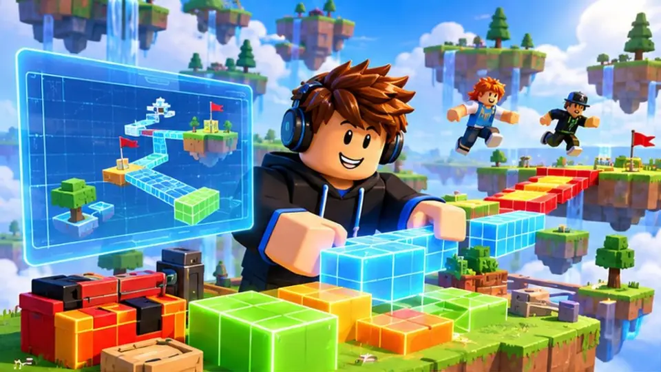 Blocky avatar creator building an obstacle course of glowing cubes next to a holographic 3D level editor