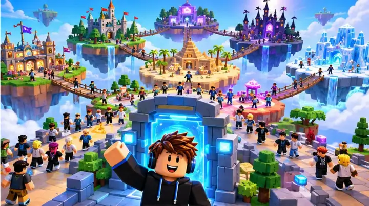 Hub of floating worlds connected by bridges with many blocky avatars and a glowing portal